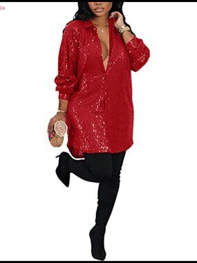 Midi Sequin Dress for Women Sparkle Button Down Long Sleeve Party Club Dress